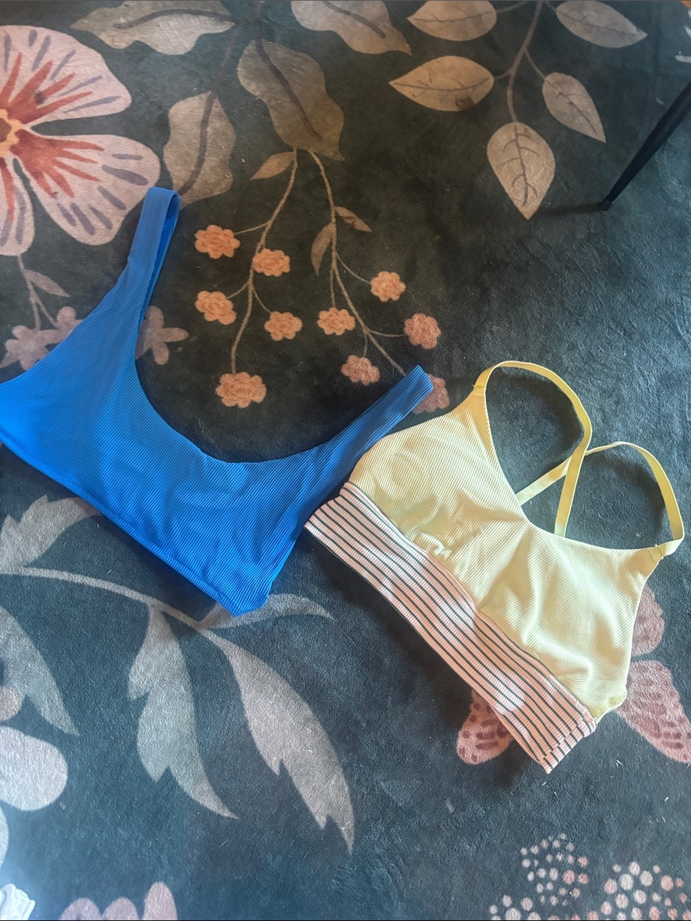 aerie Blue Ribbed Scoop Bralette & Yellow with green Striped Band Bralette Duo
